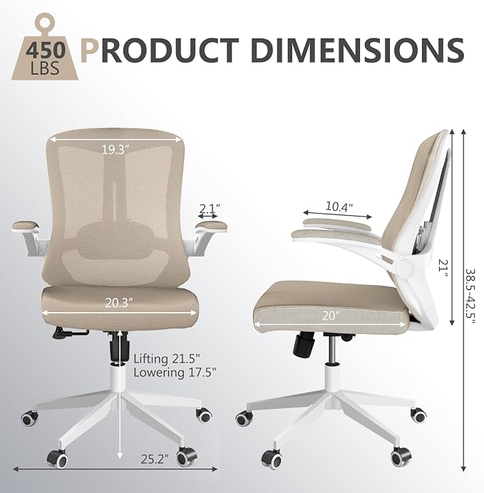 Ergonomic Office Chair with Lumbar Support, High Back Mesh Desk Chair with Flip-Up Arms, Adjustable Computer Task Chair, Khaki