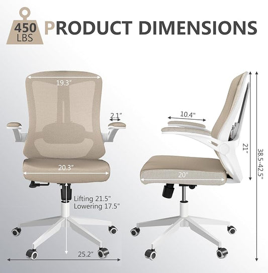 Ergonomic Office Chair with Lumbar Support, High Back Mesh Desk Chair with Flip-Up Arms, Adjustable Computer Task Chair, Khaki