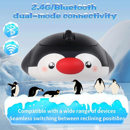 Cute Penguin Bluetooth Wireless Mouse -Rechargeable,Dual Mode Connection, Silent Scroll Wheel, 1600 DPI - Perfect for Laptops, PCs, and Tablets (Black)
