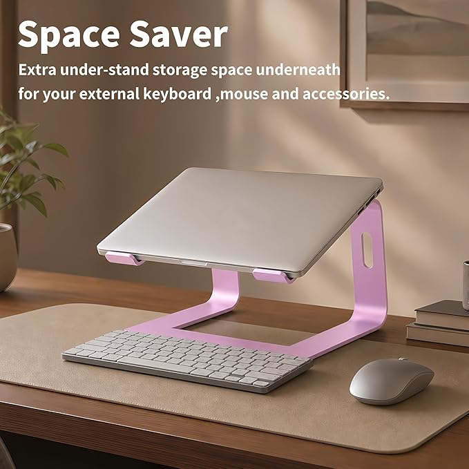 Orionstar Ergonomic Laptop Stand, Premium 5mm Aluminum Riser for 10-15.6 Inch Notebook Computer, Tool-Free Detachable Elevator Holder for Desk Office, Sturdy Riser for Eye-Level Neck Relief (Pink)