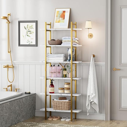 6 Tiers Bookshelf Organizer White Faux Marble Shelf,Modern Open Display Storage Bookcase, and Metal Bookshelf Standing Storage Shelf Tall Shelving Units for Home Office Study
