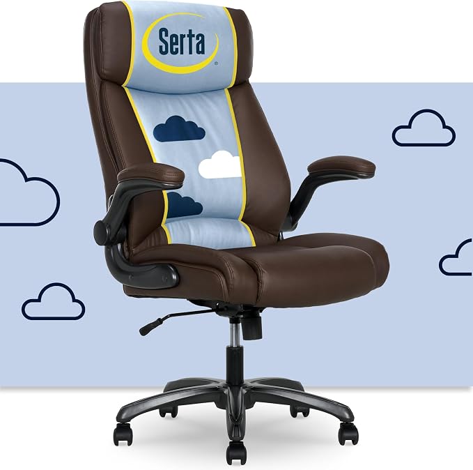 Serta Torrington Big & Tall Office Chair, with Flip-Up Padded Armrests, Ultra-Comfortable ComfortCoils Seat Cushion Technology, Modern Executive Premium PU Desk Chair, Dark Brown