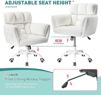 DurayLoly Home Office Chair with Wheels Soft-Touch Material,Modern Cute Vanity Chair with Back Adjustable Height Upholstered Comfy Desk Chairs with Side Pockets for Bedroom,White