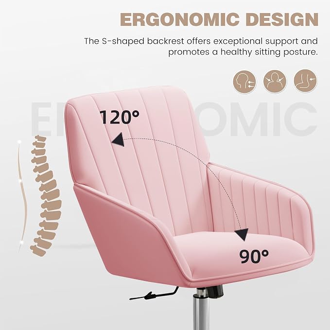 YISHENG Velvet Office Desk Chair with Silver Base, with Wheels,Modern Height Adjustable 360 Degree Swivel Upholstered Vanity Chairs with Arms for Living Room Bedroom,Pink