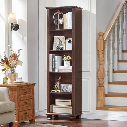 SAVOR LIFE 70" Tall Narrow Book Shelf, Wood Skinny Bookshelf with Adjustable Shelves & Wooden Legs, Farmhouse Bookcase w/5-Tier Storage, Free Standing Bookshlves for Office, Living Room, Walnut, 2PCS