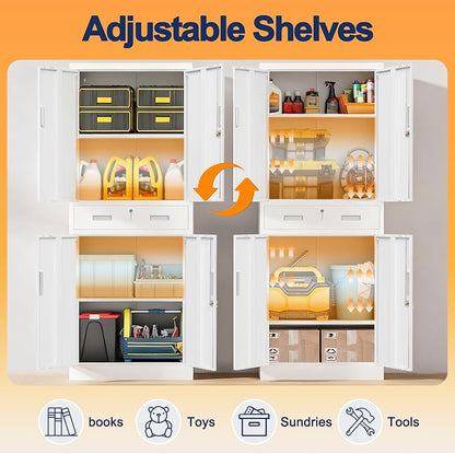 Wanfu Metal Storage Cabinet, 71" H x 28" W x 16" D Locking Storage Cabinet with 2 Adjustable Shelves and 1 Drawer for Office, Garage, Home, School, Utility(White)