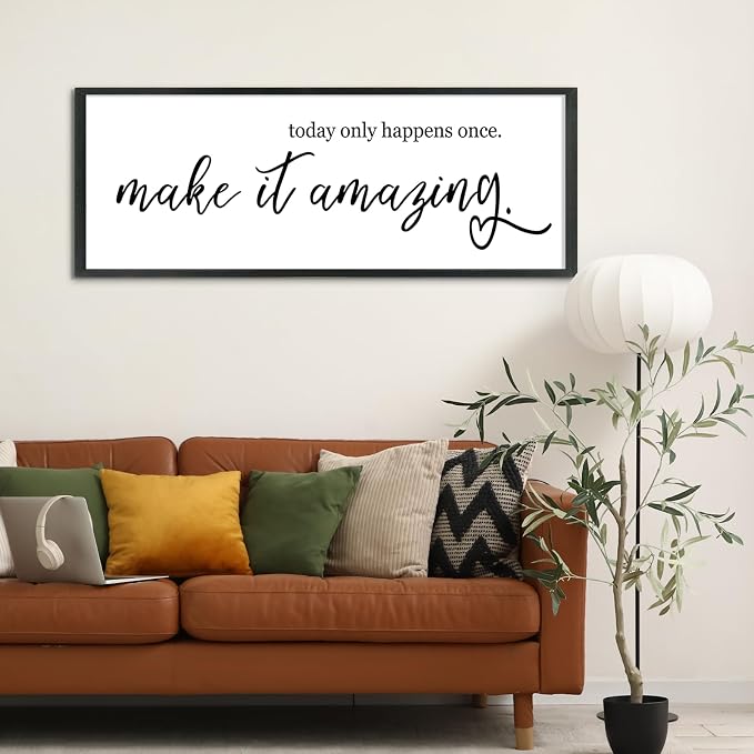YWJKWLGS Inspirational Quotes Wall Decor Today Only Happens Once Make It Amazing Signs Wall Art 40x15 Inch Large Motivational plaque for Home office kitchen Bedroom Wood Framed Hanging (Black)