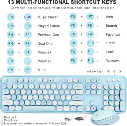 Wireless Keyboard and Mouse Combo, Ergonomic Full Size Typewriter Retro Round Keycaps Keyboard, Compatible with Windows, PC, Perfer for Home and Office Keyboards (Blue