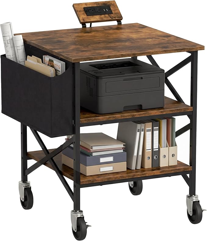 Large Printer Stand with Storage Bag, Rolling Printer Cart with Power Outlet, 3 Tier with Height Adjustable Storage Shelf, 23.6 x 23.6 Inches Printer Table for Home Office