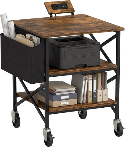 Large Printer Stand with Storage Bag, Rolling Printer Cart with Power Outlet, 3 Tier with Height Adjustable Storage Shelf, 23.6 x 23.6 Inches Printer Table for Home Office