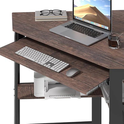 VECELO Corner Desk Computer Desk Writing Table with Smooth Keyboard Tray & Storage Shelves,Compact Home Office Triangle Table,Rustic Brown