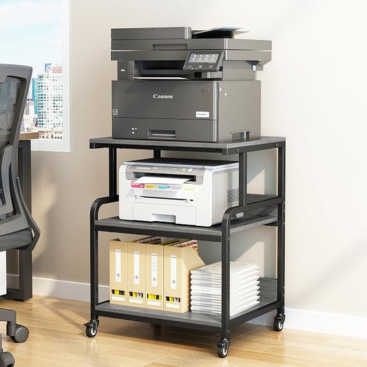 Large Printer Table with Storage, 3 Tier Printer Stand with Wheels, Printer Cart for Home Office, Desk for Printer, Paper Shredder, Scanner, Gray