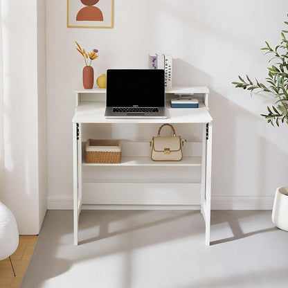 Fold Out Desk with Power Outlets, Small Foldable Table with Storage Shelf,Space-Saving Hidden Desk for Bedroom, Living Room & Office (White)
