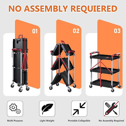 Foldable Utility Service Cart, 3 Tier Folding Service Cart Collapsible with 360° Swivel Wheels, 200 LBS Heavy Duty Plastic Rolling Tool Cart Portable for Warehouse Garage Workshop Office