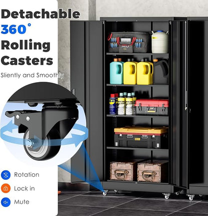 INTERGREAT Metal Storage Cabinet with Wheels, 72" Garage Storage Cabinets with Door and 4 Shelves, Tool Storage Locker on Caster for Home, Office, Black
