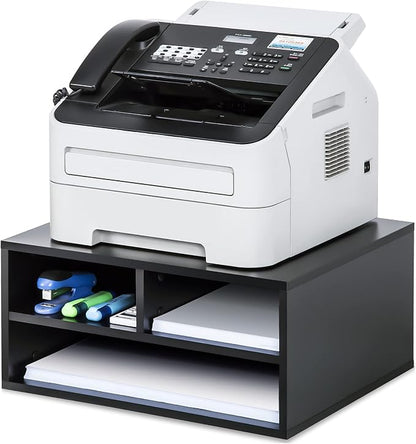 FITUEYES Large Printer Stands with 3 Storage Compartments, Desktop Paper Organizer Shelf for Home Office, 2-Tier Printer Riser, Black, 18.9" L x 15.7" W x 8.7" H