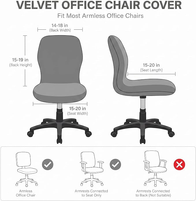 Deisy Dee Velvet Stretch Armless Office Chair Covers - Colorful Stretch Slipcover for Desk Chairs (Dark Grey)