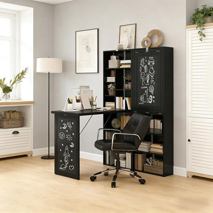 Foldable Wall Mounted Desk with Storage Shelves & Blackboard, Fold-Out Convertible Writing Table for Small Spaces | Space-Saving Floating Computer Desk for Home Office (Black)