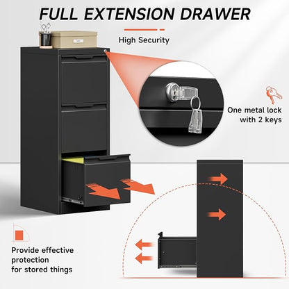 3 Drawer File Cabinet,Filing Cabinets for Home Office, Metal Vertical File Storage with Lock, Locking for A4 Legal/Letter, Assembly Required(Black)