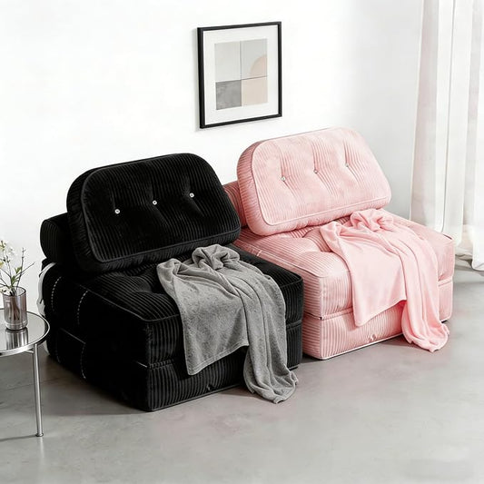 Folding Sofa Bed, Flannel Futon Couch Bed with Pillow and Blanket, Convertible Sleeper Chair for Living Room Bedroom (Pink+Black)
