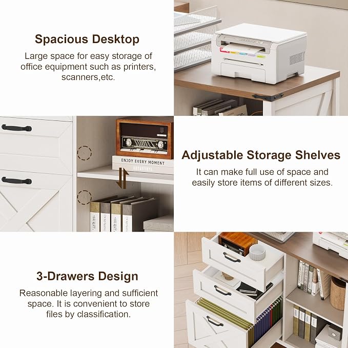 Halitaa 3 Drawer File Cabinet, Farmhouse Lateral Filing Cabinet Fits Files Letter or A4 Size, Wooden Printer Stand with Open Storage Adjustable Shelf for Home Office, White and Brown