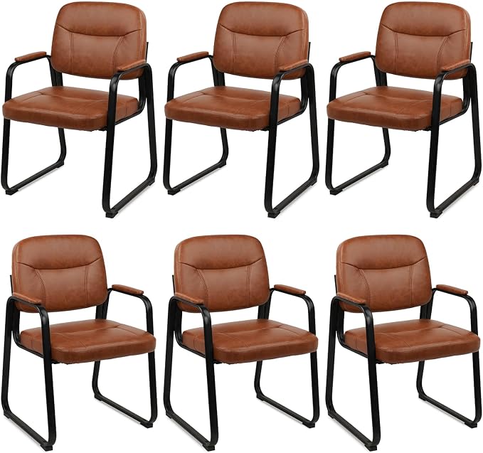 CLATINA Waiting Room Guest Chair with Bonded Leather Padded Arm Rest for Office Reception and Conference Desk Black with Sled Base Brown 6 Pack