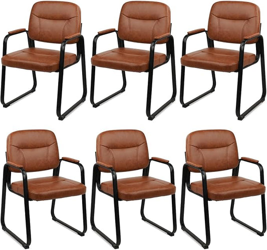 CLATINA Waiting Room Guest Chair with Bonded Leather Padded Arm Rest for Office Reception and Conference Desk Black with Sled Base Brown 6 Pack