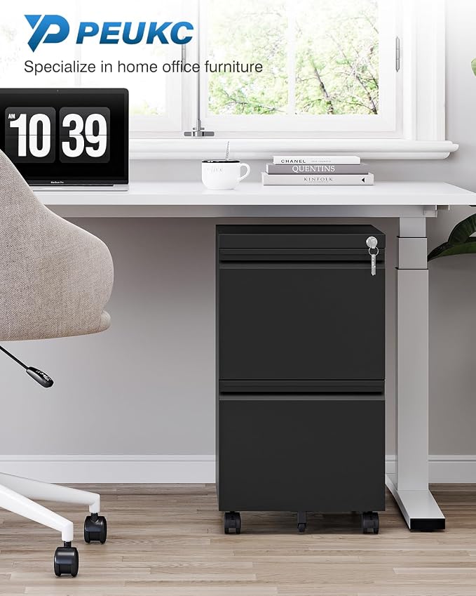 PEUKC 2 Drawer File Cabinet with Lock, Metal Under Desk Rolling Filing Cabinet fits Letter/Legal/A4 Size for Home Office, Mobile Filing Cabinets, Assemble Required, Black