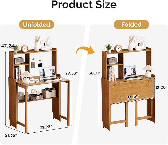 Bamboo Folding Desk with Bookshelf, Compact Computer Desk with Hutch for Small Spaces, Foldable Desk with Storage Shelf, Space-Saving Home Office Desk for Bedroom, Dorm, Apartment,Brown
