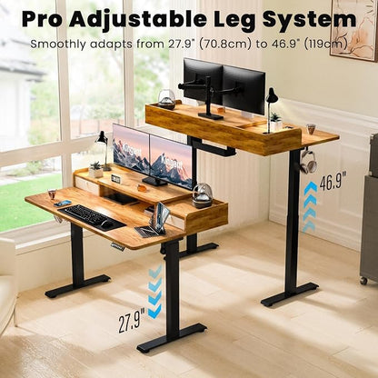 Kingant 63 x 30 Inch Electric Standing Desk with Dual Drawers, Adjustable Height Computer Desk for Home Office, Large Workstation Sit Stand Up Desk with Built-in Storage Shelf, Light Rustic Brown