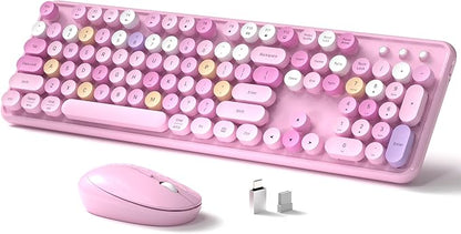 Links9+ Wireless Keyboard and Mouse, Full-Size Retro Typewriter Keyboard with Round Keycaps, 2.4GHz for Windows, Mac, Laptop, PC, Desktop (Pink Colorful)