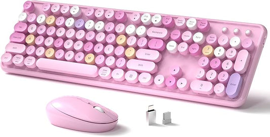 Links9+ Wireless Keyboard and Mouse, Full-Size Retro Typewriter Keyboard with Round Keycaps, 2.4GHz for Windows, Mac, Laptop, PC, Desktop (Pink Colorful)