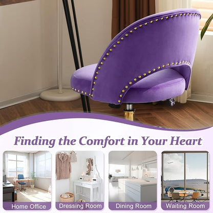 VINGLI Modern Velvet Small Office Chair,Cute Desk Chair with Wheels,Gold Base/Studs, Comfy Armless Swivel Vanity Task Chair for Women/Girl/Kids, Nail Tech Chair for Bedroom,Small Space,Violet Purple