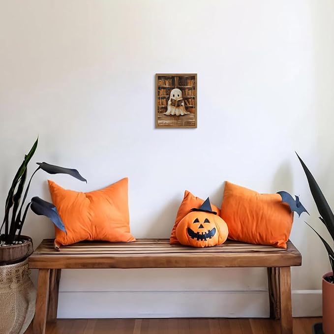 Framed Vintage Library Ghost Wall Art - Halloween Picture Decor, Cute Ghost Reading Books Canvas Print, Halloween Wall Decor for Living Room Bedroom Home Office, 8x10in Wood Frame