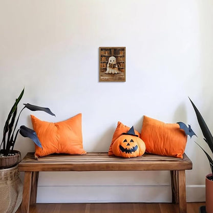 Framed Vintage Library Ghost Wall Art - Halloween Picture Decor, Cute Ghost Reading Books Canvas Print, Halloween Wall Decor for Living Room Bedroom Home Office, 8x10in Wood Frame