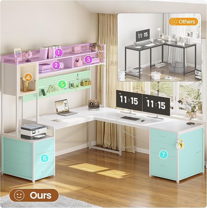 SEDETA L Shaped Gaming Desk with Drawers, Reversible Computer Corner Desk with File Drawer, Hutch, Storage Shelves for Home Office, Gaming Two Person Desk with Led Lights, Power Outlet, White