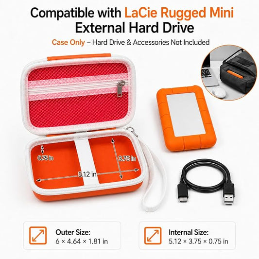 Case Compatible with LaCie Rugged Mini 1TB/ 2TB/ 4TB/ 5TB External Hard Drive Portable HDD, Storage Holder for Hard Drives for Mac and PC Computer & USB 3.0 2.0 Cable SD Cards (Flame)