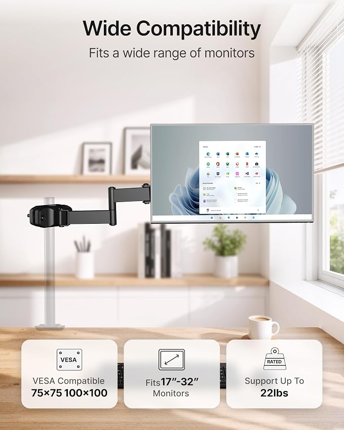 monTEK Universal Pole Monitor Arm 25 Inch Extra Long Reach - Single Desk Mount for 17-32 inch Screens, Steel Full Motion Mount, VESA 75/100mm, 636mm Extension