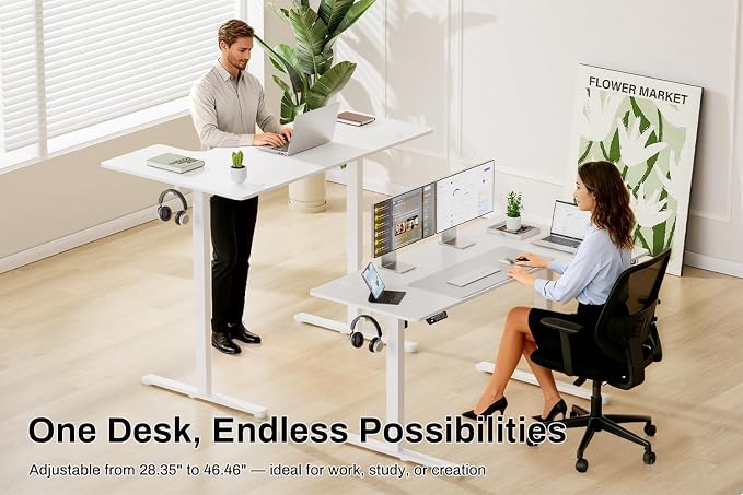 EcoZen Standing Desk Electric Height Adjustable Desk 55 x 33.5 Inches L Shaped Sit Stand up Desk, Computer Home Office Desk Memory Preset with Two-Piece Fir Wood Desktop (White, 55 * 33.5 Inch)