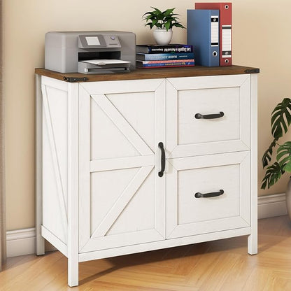 Halitaa Lateral File Cabinet with 2 Drawers, Farmhouse File Cabinet for Letter/A4 Size Hanging Files, Large Wood File Storage Cabinets Printer Stand for Home Office Furniture, Rustic White