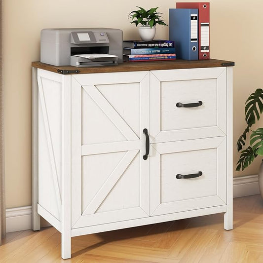 Halitaa Lateral File Cabinet with 2 Drawers, Farmhouse File Cabinet for Letter/A4 Size Hanging Files, Large Wood File Storage Cabinets Printer Stand for Home Office Furniture, Rustic White