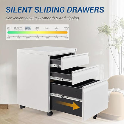 Fesbos 3 Drawer Mobile Metal File Cabinet, White Filling Cabinets with Lock, Office Storage File Cabinet with Wheels Under Desk - Assembled Required