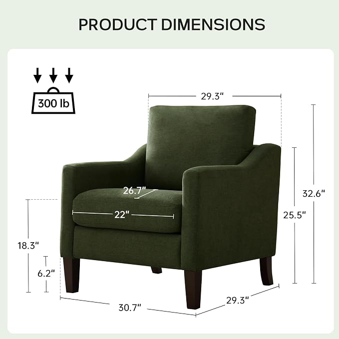 VKNOW Mid-Century Accent Chair, No Tools Assembly Required, Modern Upholstered Polyester Armchair for Living Room,Comfy Reading Accent Chairs with Wood Legs for Bedroom, Green