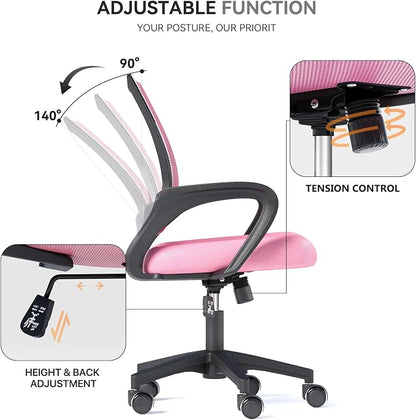 Office Chair, Ergonomic Mid-Back Mesh Desk Chair, 10 Pack, Pink | Lumbar Support, Adjustable Height, Rolling Wheels Design, Comfy Armrest, Work, Study, Gaming