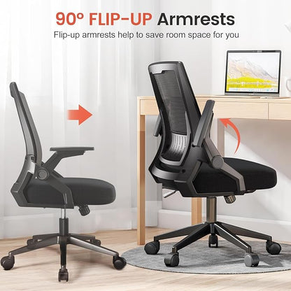 COMHOMA Office Chair with Flip-up Armrests Ergonomic Computer Desk Chair with Adaptive Lumbar Support & Breathable Mesh, Black, Pack of 2