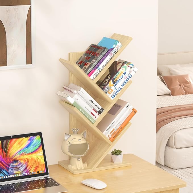 SHEEPAM 5 Tier Tree Book Shelf, Small Desktop Bookshelf with Storage Organizer, Wood Bookcase, Desk Display Bookshelves, Floor Standing Organizer Bookcases for Living Room,Bedroom,Office-Natural