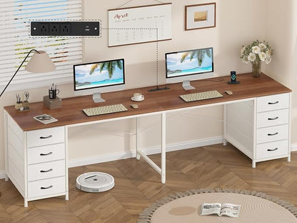 YOMILUVE 95'' Two Person Desk with 8 Drawers, Long Office Desk with Charging Station, 2 Person Desks Double Desk Writing Study Table for Home Office, Brown and White