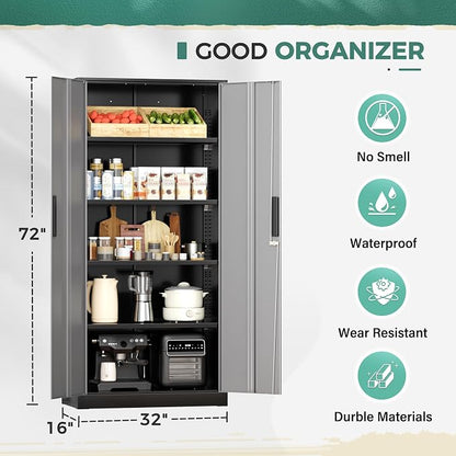 Greenvelly Metal Garage Storage Cabinet with Lock, 72”Metal Storage Cabinet with 2 Doors and 4 Adjustable Shelves, Steel Tool Cabinet for Garage,Home Office, School,Gym (Black Grey)
