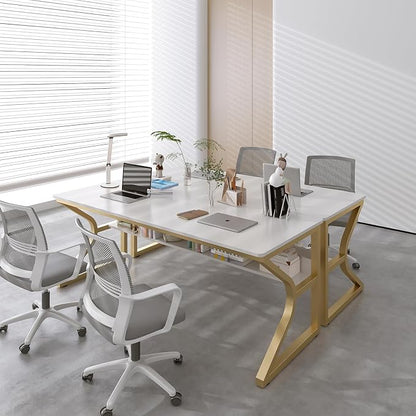 OSCHF Extra Long Desk with Bookshelf - 63" Double Long Writing Table for 2-Person Workstation, Modern Study Work Computer Desk for Home and Office, Gold