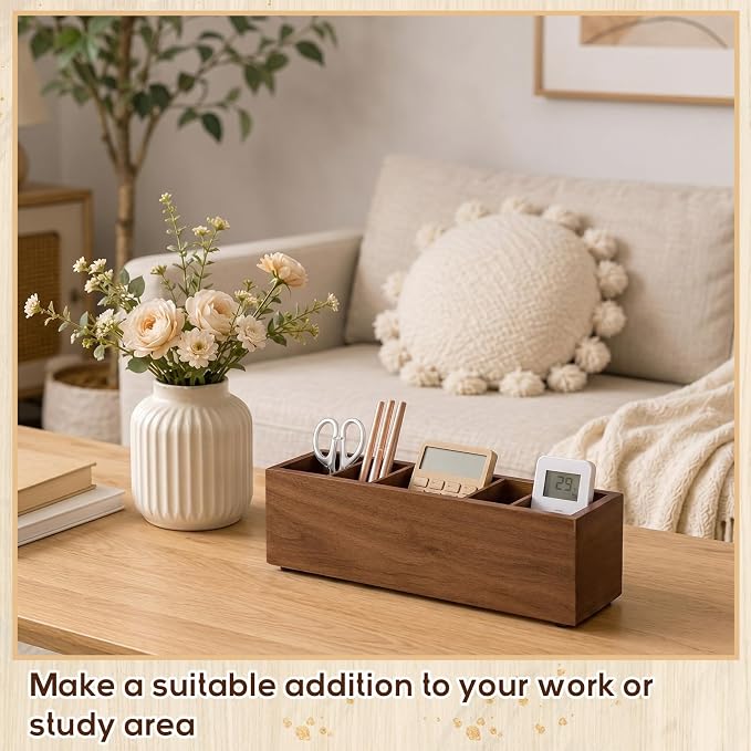 Jetec Wooden Pencil Pen Holder for Desk 6 Compartments Cosmetic Makeup Brush Stationery Office Desktop Organizers for Countertop Adjustable Silverware Caddy for Party, Home, Art Supplies(Walnut)